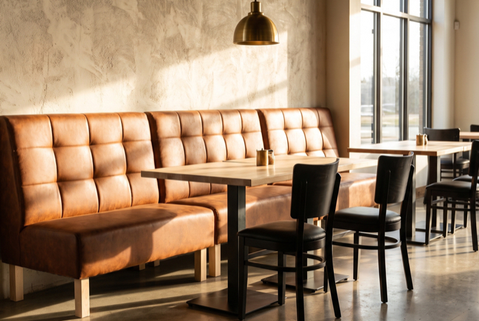 Modulare Polsterbank mit Restauranttischen