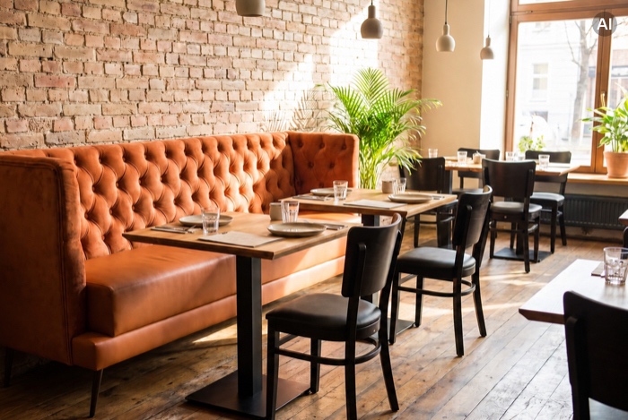 Gepolsterte Restaurantbank mit Tischen und Stühlen