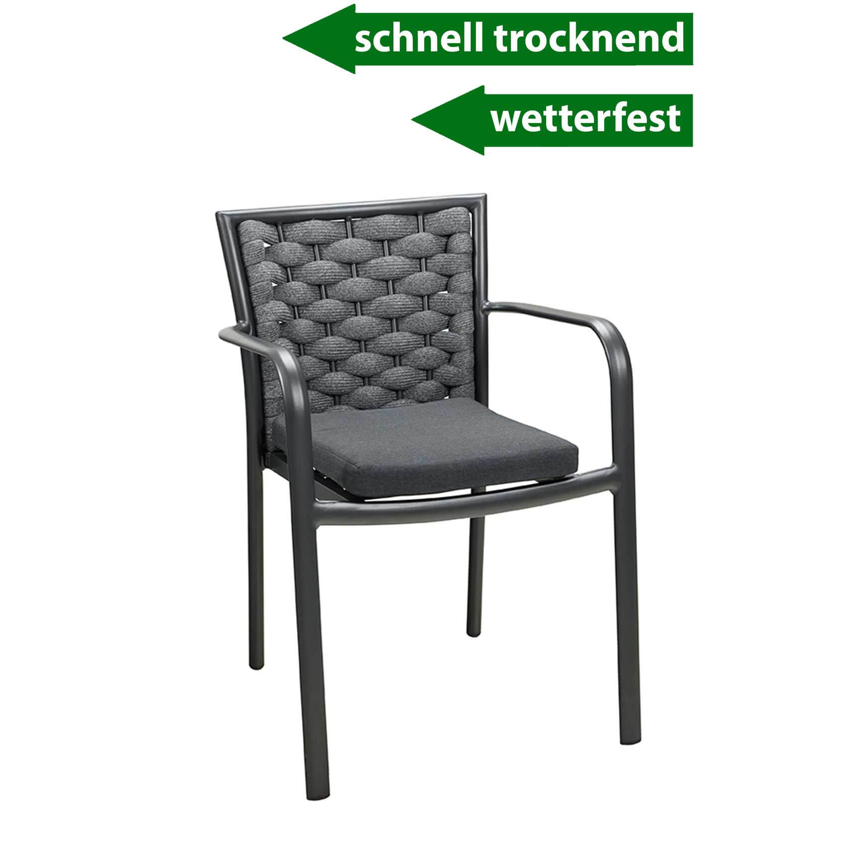 Gastronomiestuhl_Outdoorstuhl_Bentio-Grey_2_Pfeile1000px Stapelbarer Outdoor-Stuhl Bentio Grey mit Rope-Rückenlehne und Sitzkissen für Gastronomie