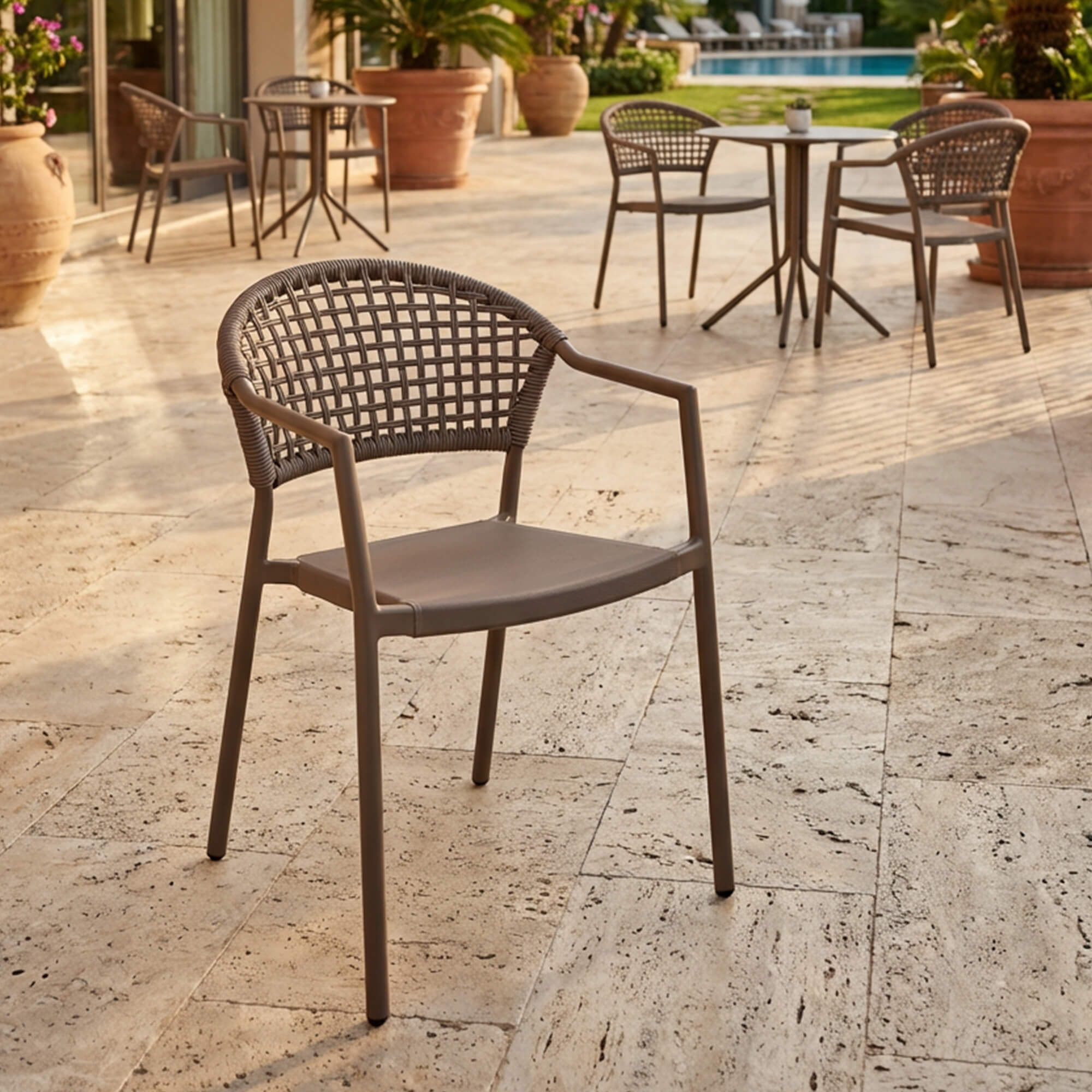 Gartenstuhl Gio Chess Taupe auf Hotelterrasse Gartenstuhl Gio Chess – taupefarbener Gartenstuhl mit Armlehnen auf eleganter Hotelterrasse am Pool