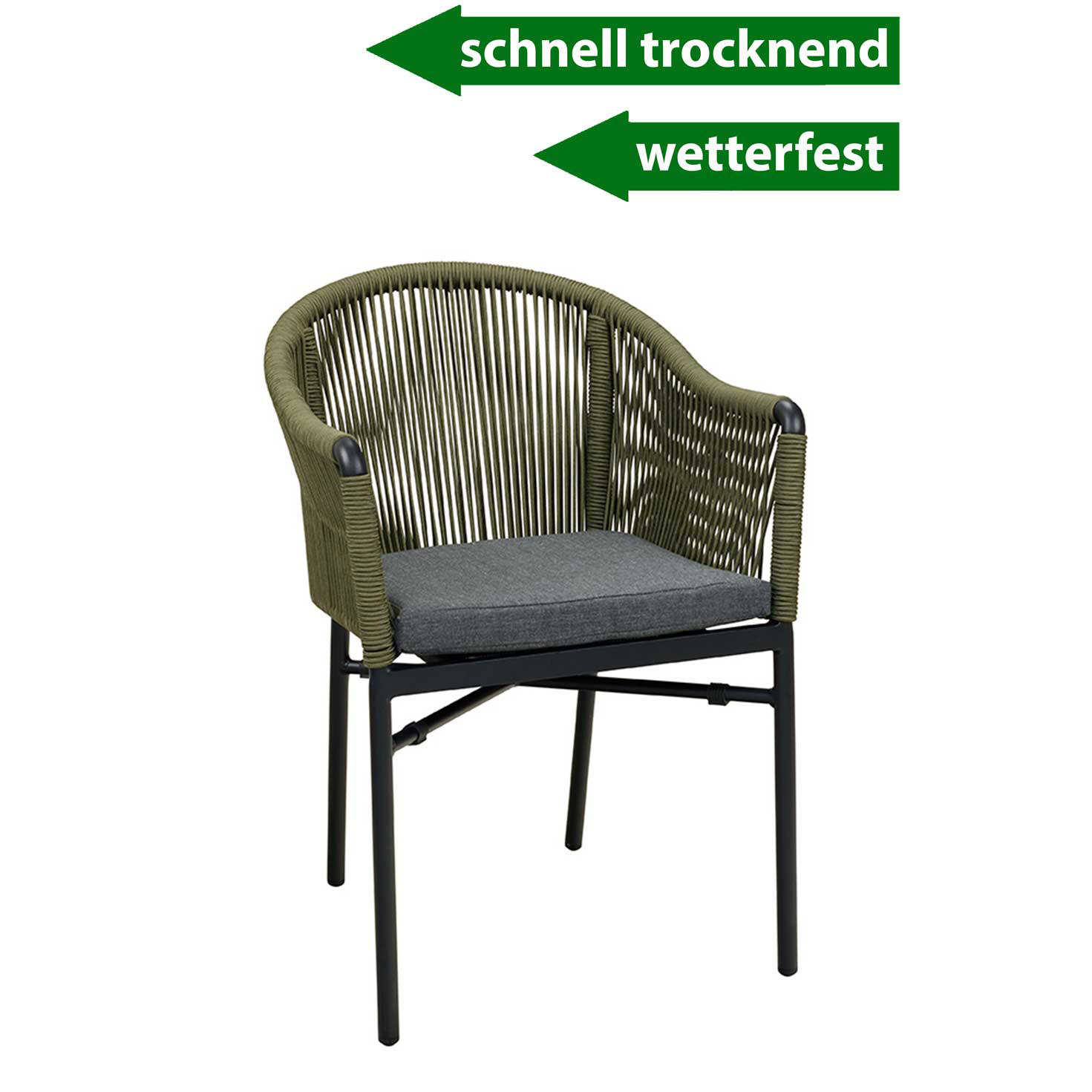 Gastronomie_Terrassenstuhl_Ramila-TTR-Green_vorne-Pfeile-2 Ramila-TRR Green Terrassenstuhl mit beigem Aluminiumgestell und Textilen-Rücken, stapelbar und wetterfest für Gastronomie