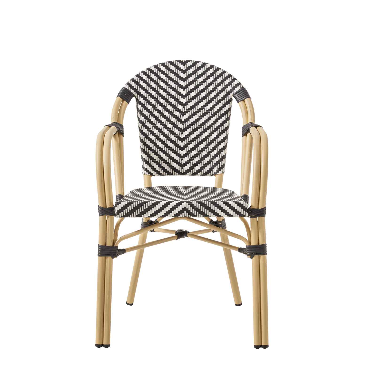 gastro_terrassenstühle_zypern_arm_black_white_frontal Zypern Arm Black White Outdoorstuhl mit Rückenlehne mit schwarz-weißem Flechtmuster in Rattan-Optik - Frontalansicht