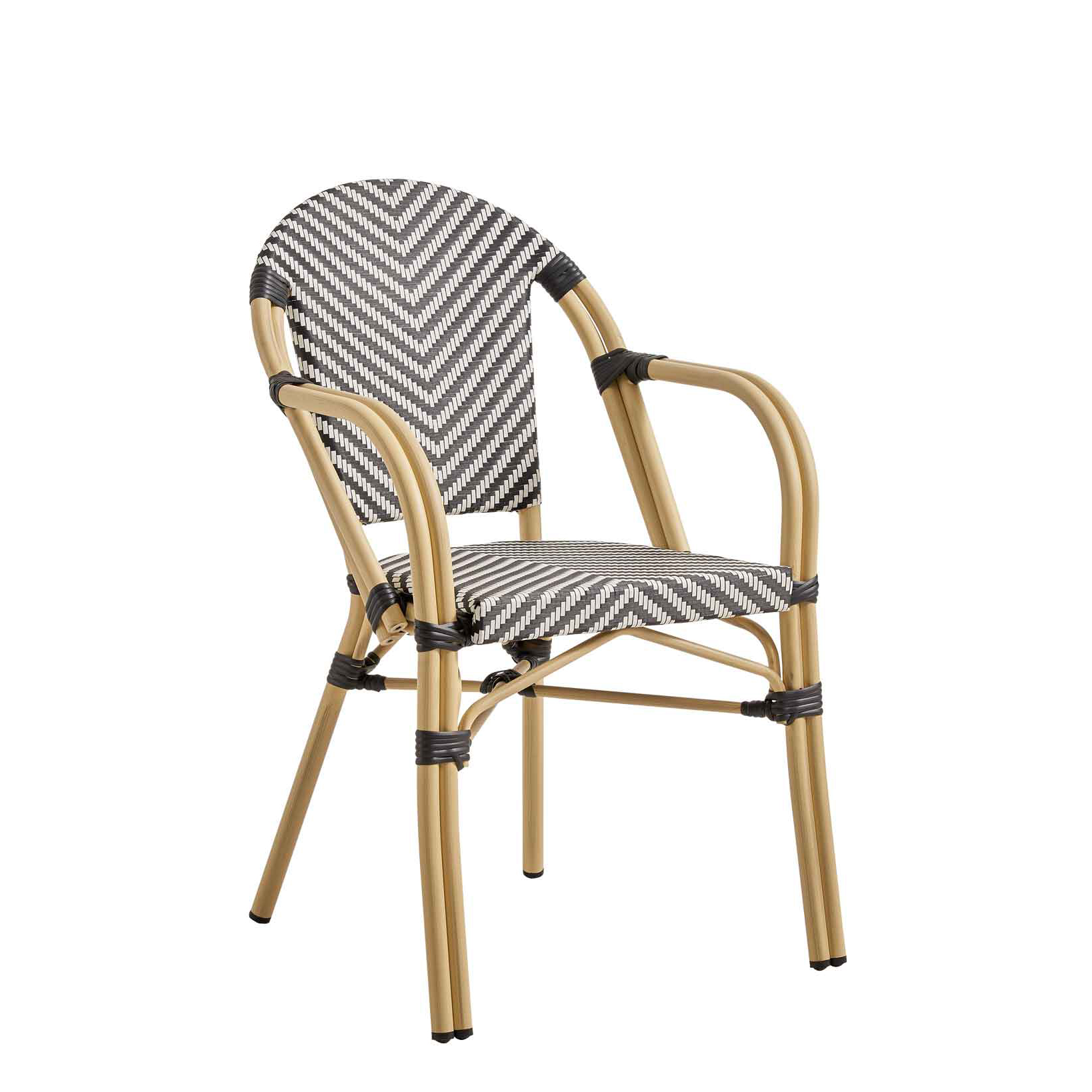 gastro_terrassenstühle_zypern_arm_black_white_vorne Zypern Arm Black White Outdoorstuhl mit Armlehnen und Sitzfläche im Fischgrät-Flechtmuster – schräge Vorderansicht