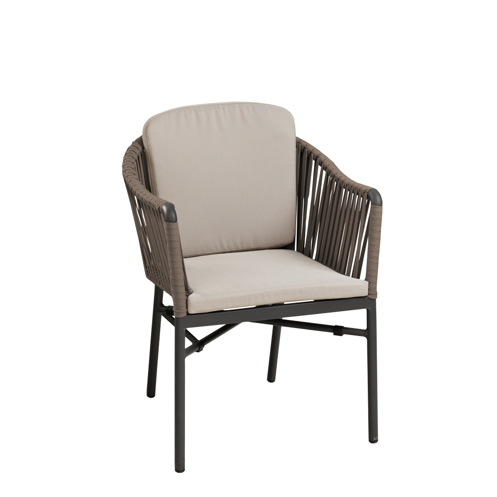 Gastronomie Terrassenstuhl Ramila-48 Taupe als moderner, wetterfester Outdoorstuhl mit Geflecht und Kissen auf Metallgestell mit Rückenkissen