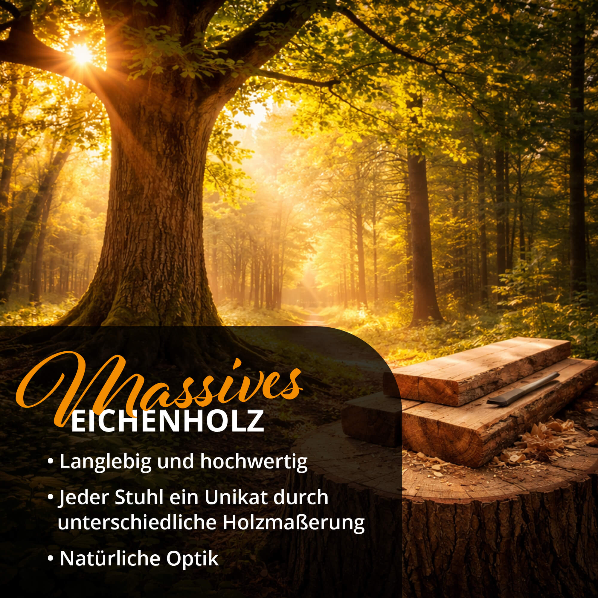 Massives Eichenholz: Rustikale Eichenholzbohlen im Wald, natürlich, langlebig und hochwertig.