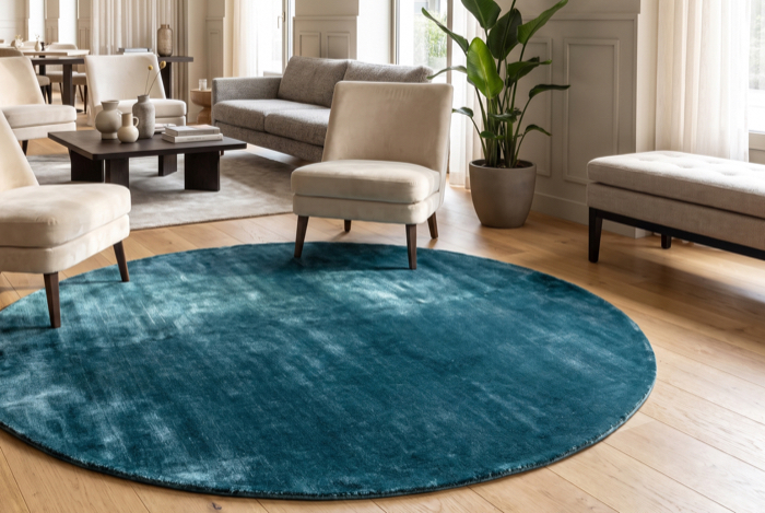 Blauer Teppich unter Sesseln und Couchtischen