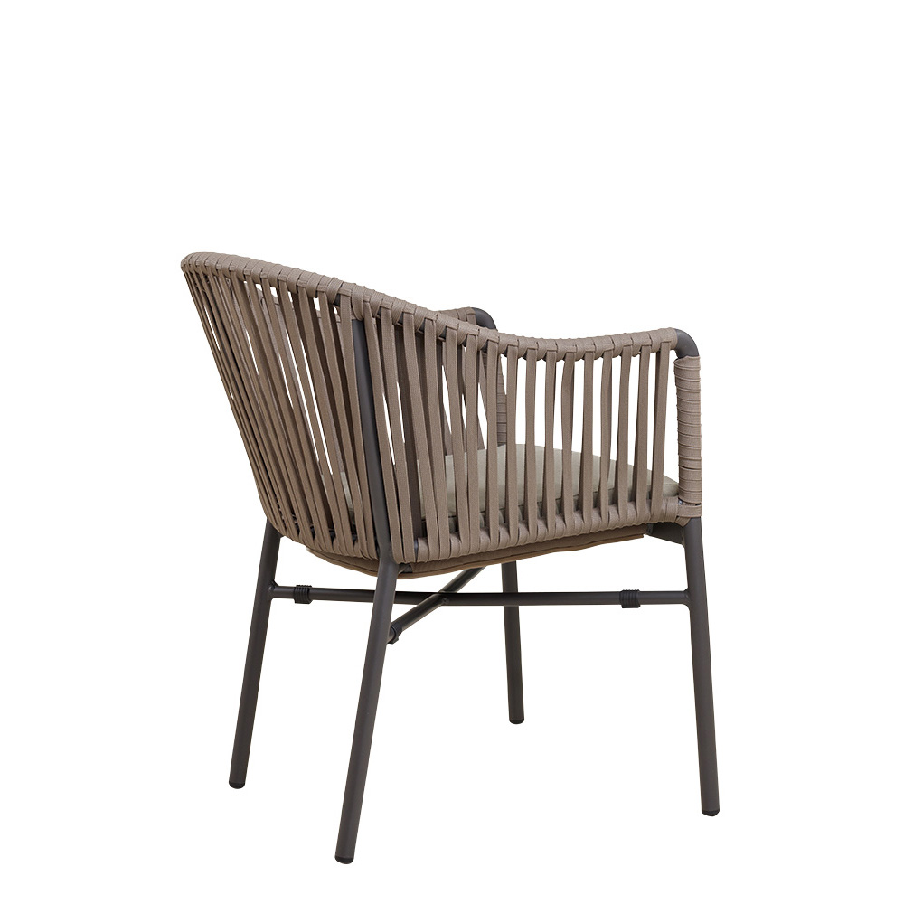 Gastronomie Terrassenstuhl Ramila-48 Taupe als moderner, wetterfester Outdoorstuhl mit Geflecht und Kissen auf Metallgestell Rückenansicht
