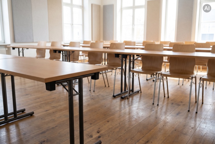 Konferenztische mit Stühlen in hellem Raum