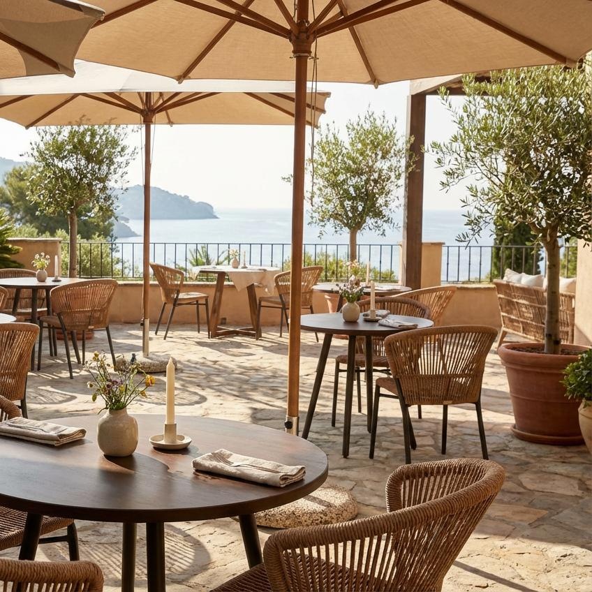 Elefino Natur Outdoorstuhl mit Geflecht – Milieubild Terrasse