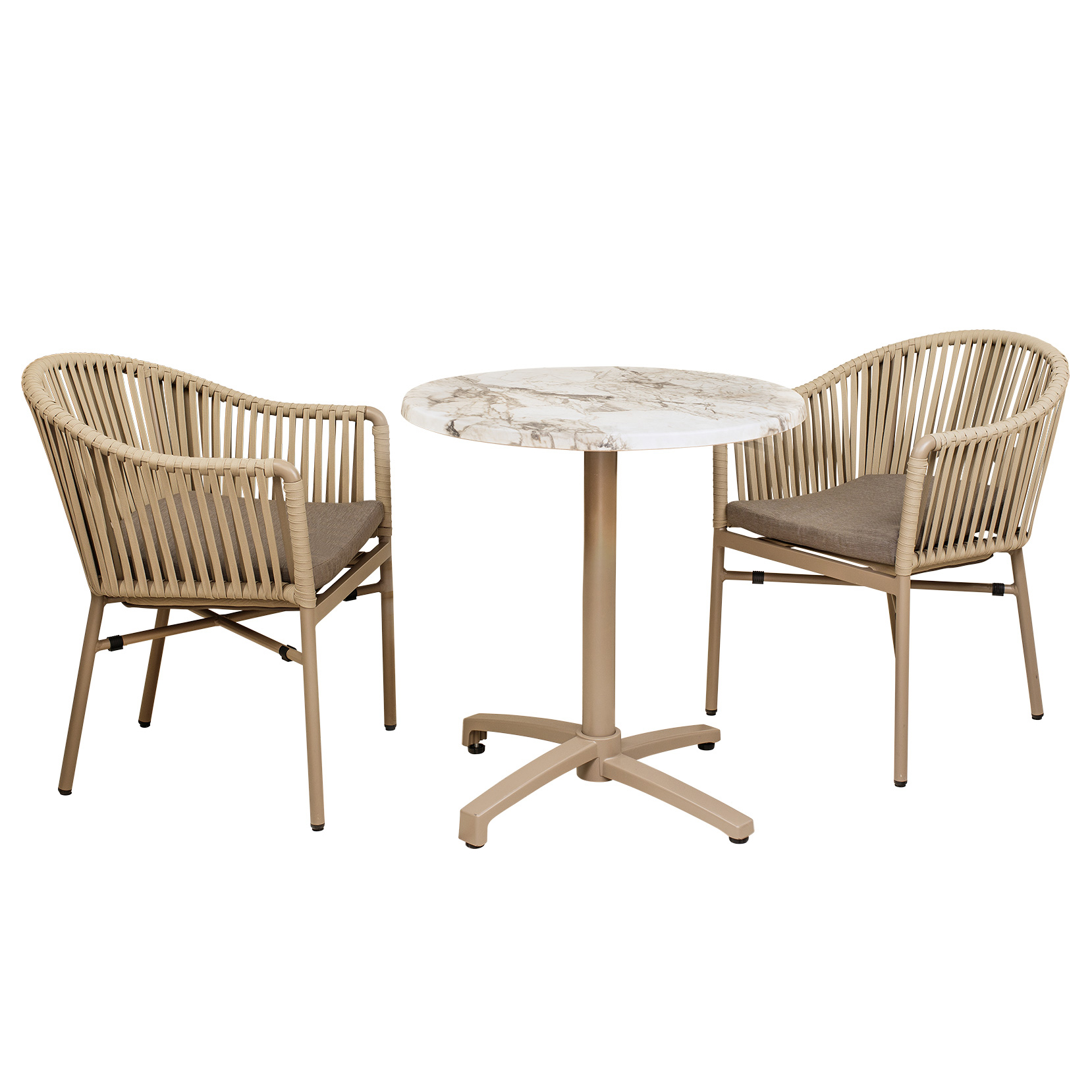 Gastronomie_Terrassenstuhl_Ramila-Macchiato_Nora-Clap-Taupe_Gruppe_1000px Ramila Macchiato Terrassenstuhl mit beigem Aluminiumgestell und Textilen-Rücken, stapelbar und wetterfest für Gastronomie in Sitzgruppe um Tisch