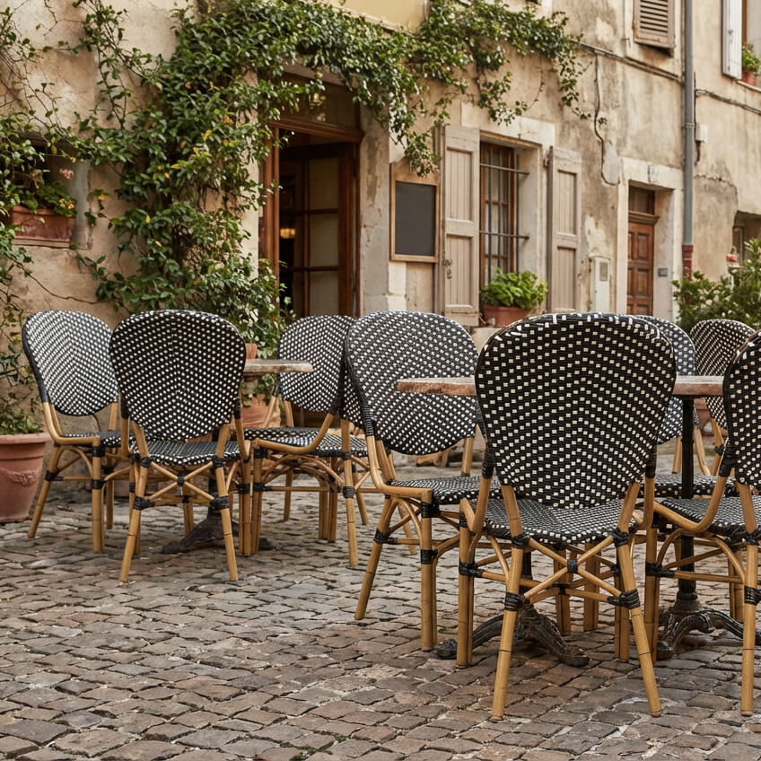 Camino black Outdoorstuhl mit Geflecht – Milieubild Restaurant