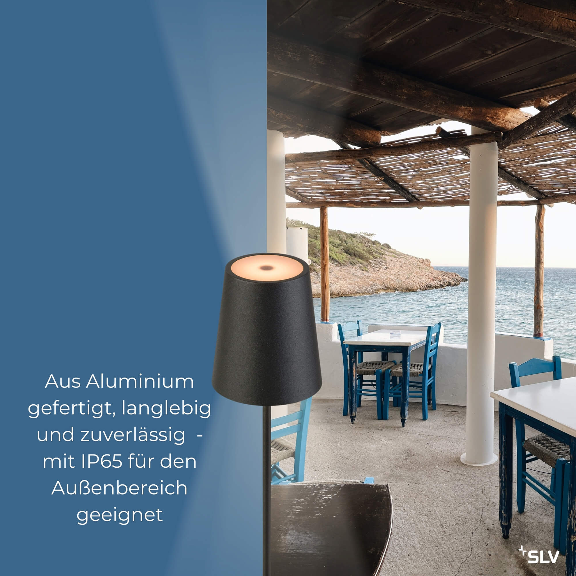 outdoorlampe Vinolina aus Aluminium in Schwarz mit IP65 für den Außenbereich outdoorlampe Vinolina aus Aluminium in Schwarz in mediterranem Außenbereich am Meer, mit IP65 für Terrasse und Gastronomie geeignet