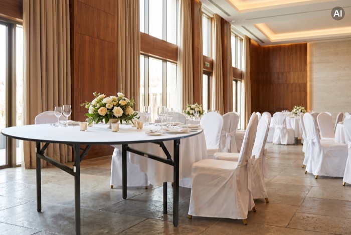 Banketttische mit weißen Stuhlhussen im Saal