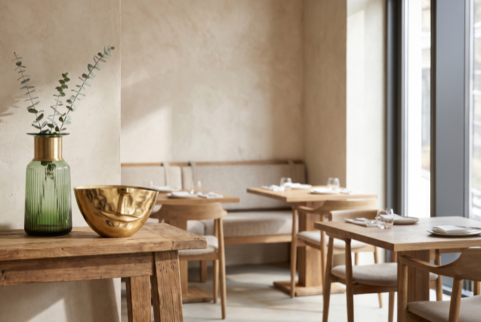 Vasen auf Holztisch in hellem Restaurant