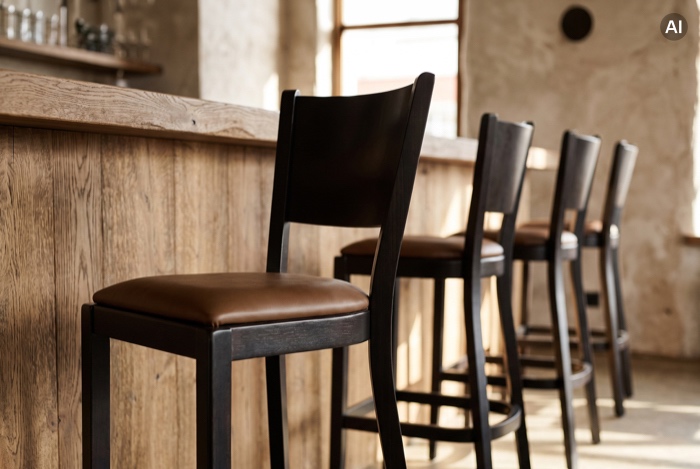 Holzbarhocker mit schwarzem Sitz an Theke