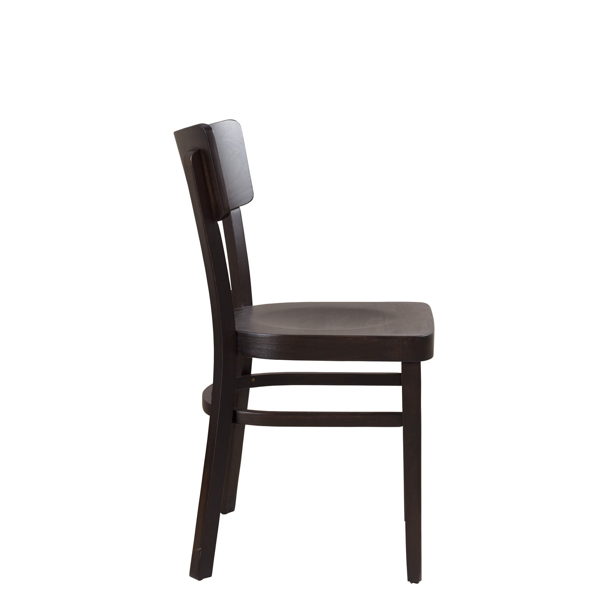 Holzstuhl Lugona, Seitenansicht: geformte Rückenlehne, Sitzmulde und Fußstreben aus dunkelbraunem Holz für Restaurants.