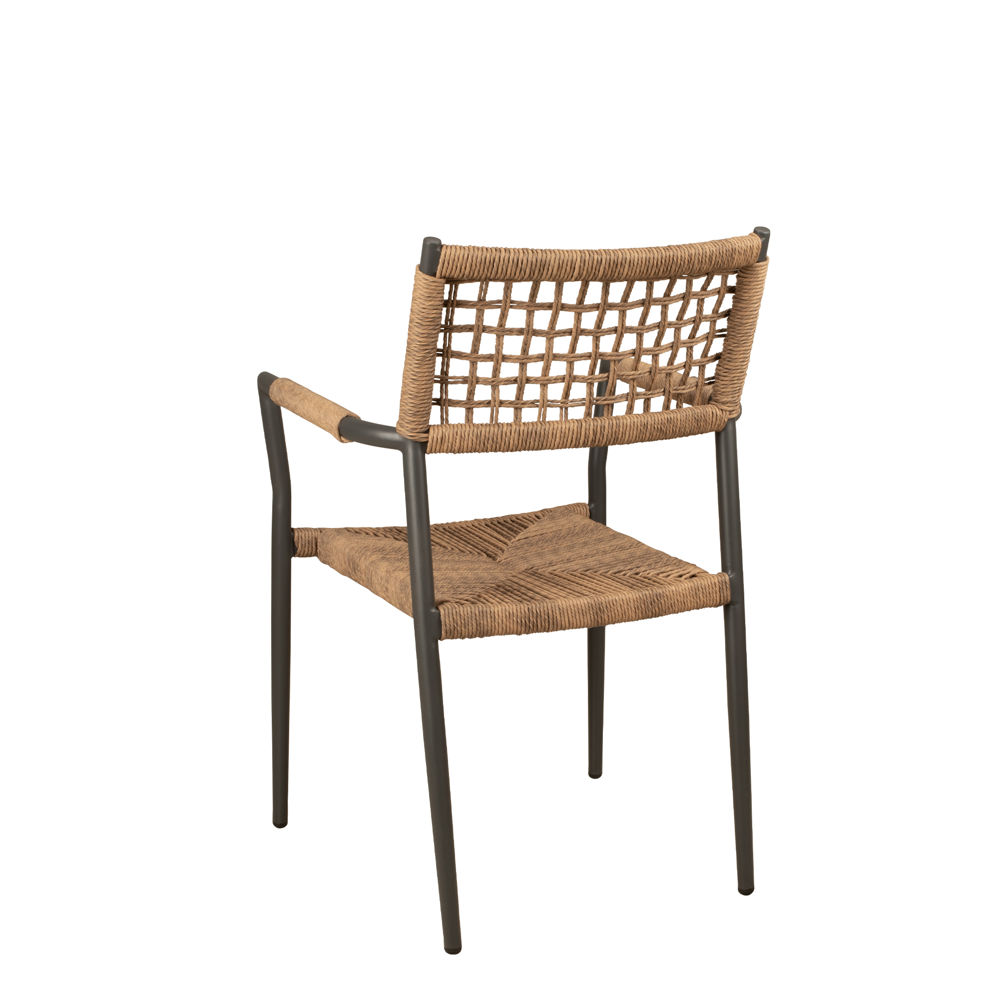 Sisson Wheat Outdoorstuhl mit Armlehnen und Flechtmuster – seitliche Rueckansicht