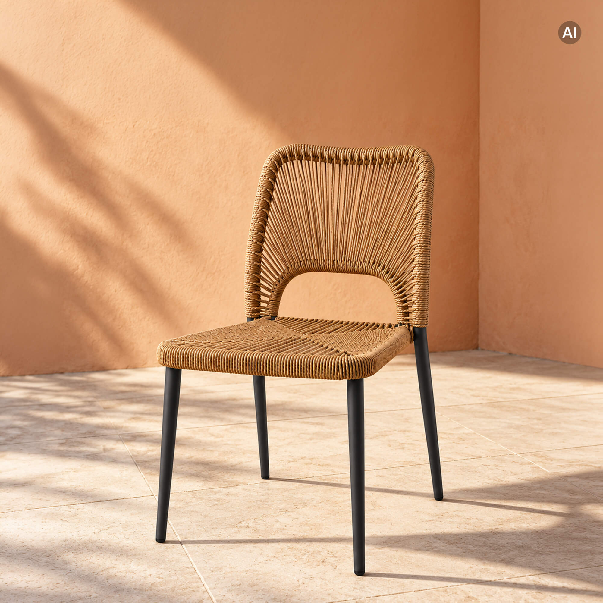 brauner Outdoorstuhl für die Gastronomie Vorderansicht auf einer Terrasse Kajo Real natural
