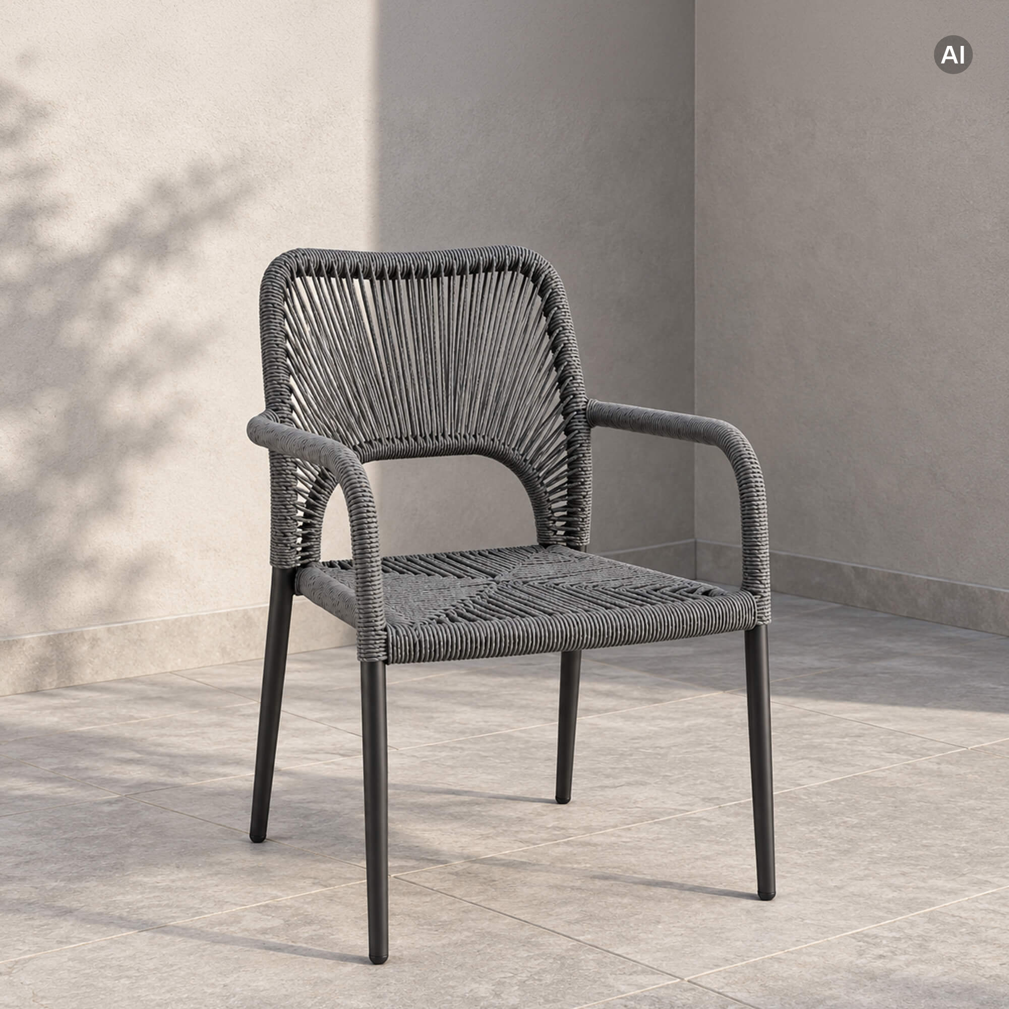 grauer Outdoorstuhl für die Gastronomie Vorderansicht in grauer Terrasse Kajo Arm grey