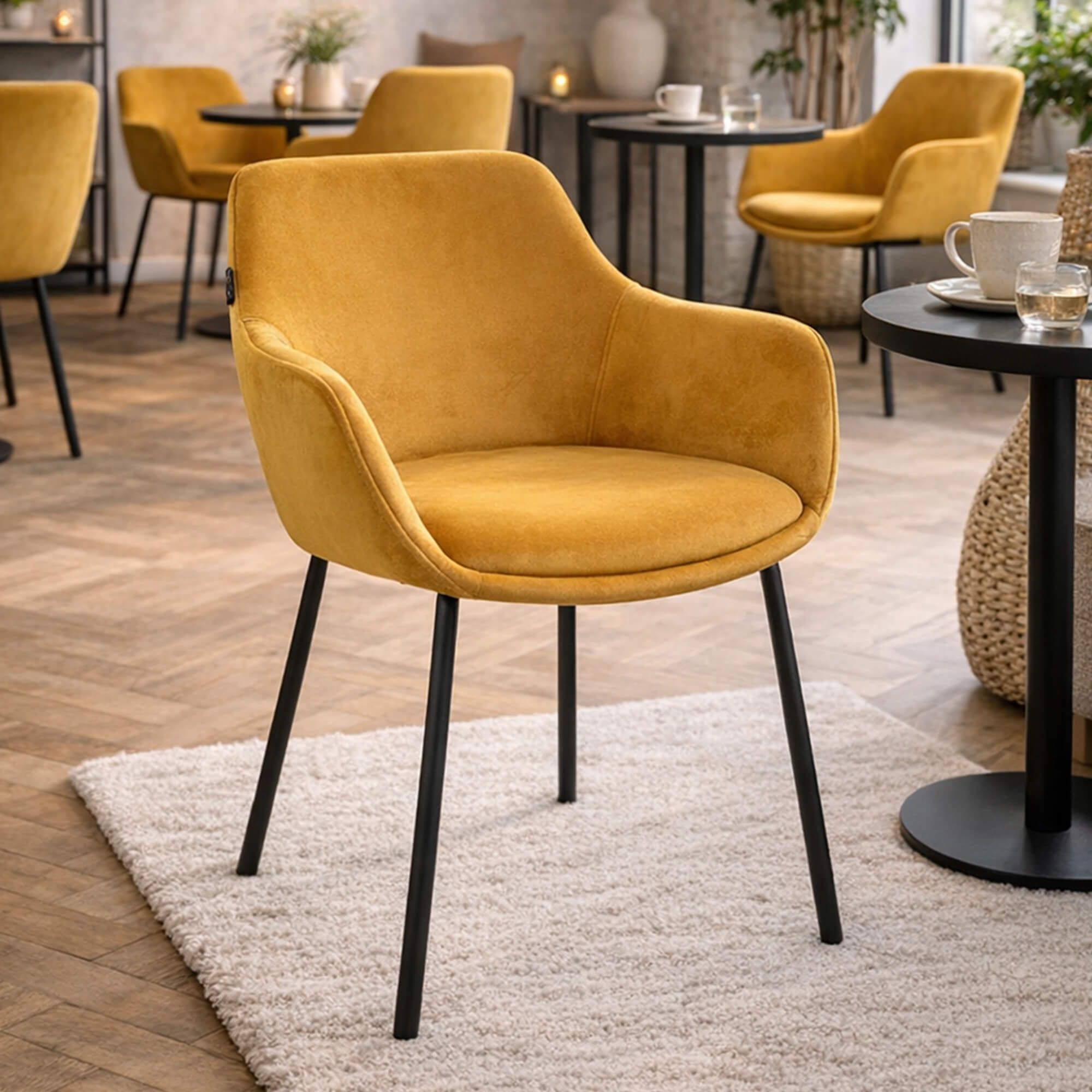 Armlehnenstuhl Revogo – goldgelber Polster-Armlehnenstuhl in modernem Café mit schwarzen Bistrotischen
