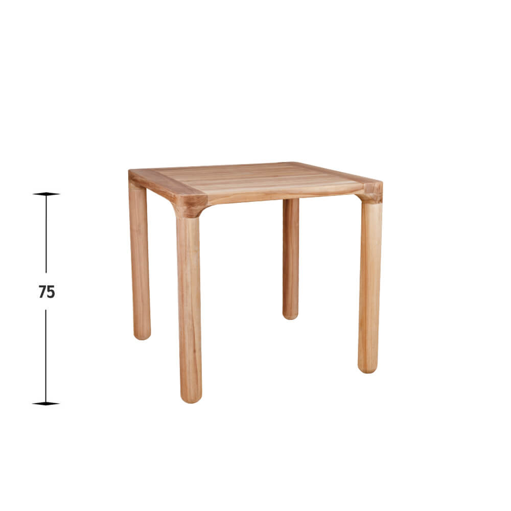 Gastronomie-outdoor-tisch-80_zubella_vorne_masse Quadratischer Outdoor-Tisch Zubella 80 aus Holz mit Maßangabe 75 cm Höhe, frontal fotografiert
