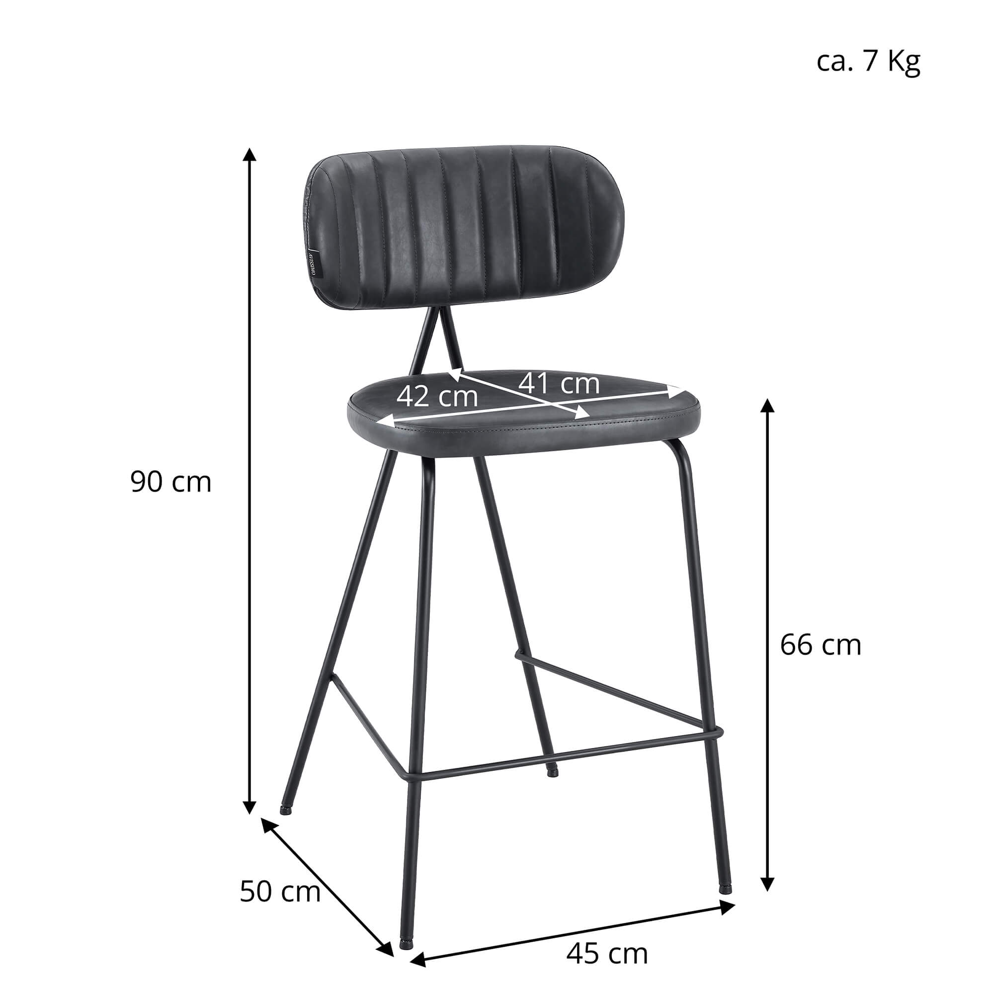 Polsterbarhocker für die Gastronomie Cuba-Bar-Nappa Mouse mit Maßangaben zu Sitzhöhe, Breite und Tiefe