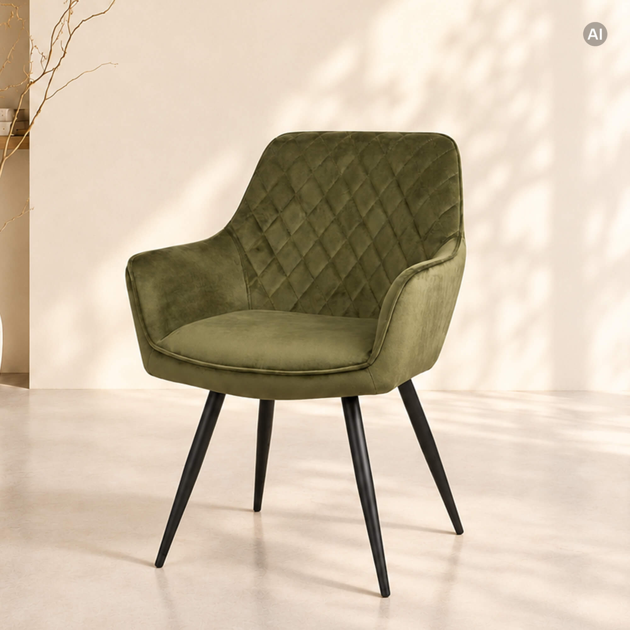 grüner Polsterstuhl mit Armlehne für die Gastronomie Vorderansicht in beigen Raum Lenoro Quartz 503 4-Bein