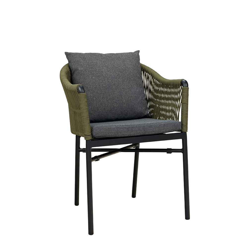 Gastronomie_Terrassenstuhl_Ramila-TTR-Green_kissen-dark-grey_1000px Ramila-TRR Green Terrassenstuhl mit beigem Aluminiumgestell und Textilen-Rücken, stapelbar und wetterfest für Gastronomie mit Sitzkissen