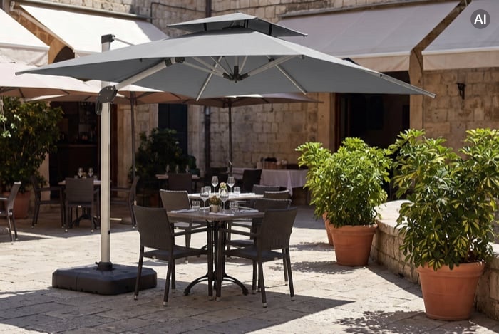 Sonnenschirme über Tischen auf Restaurantterrasse