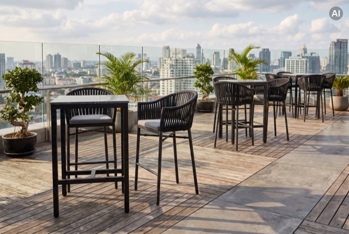 Stehtische mit Hockern auf Dachterrasse