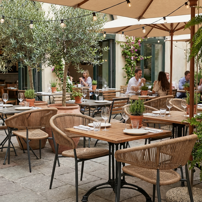 Jacora wheat Outdoorstuhl mit Geflecht – Milieubild Restaurant