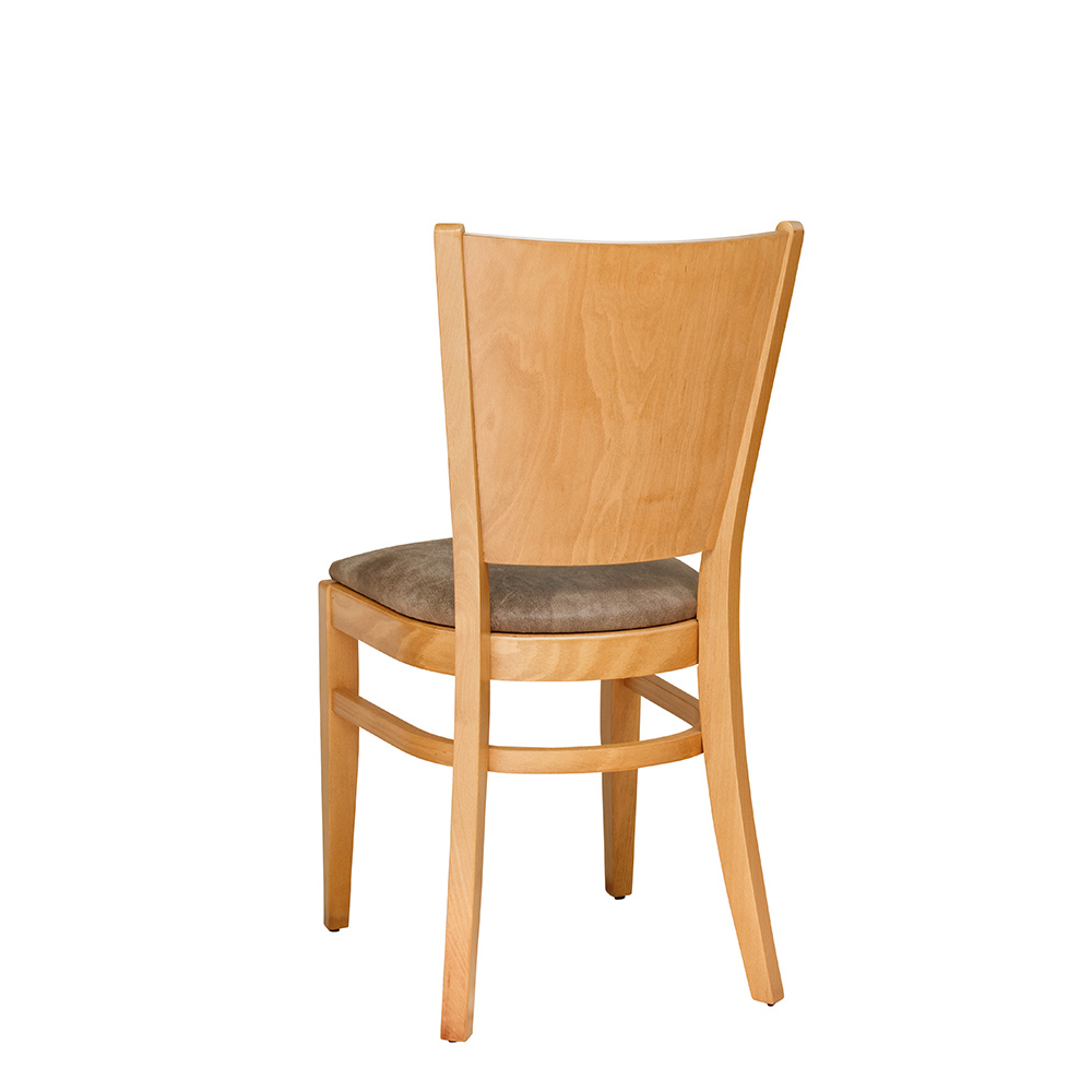 Gepolsterter Holzstuhl Saravo-P mit ergonomischer Rückenlehne aus Buche dunkel – Ansicht vorne, geeignet für Gastronomie