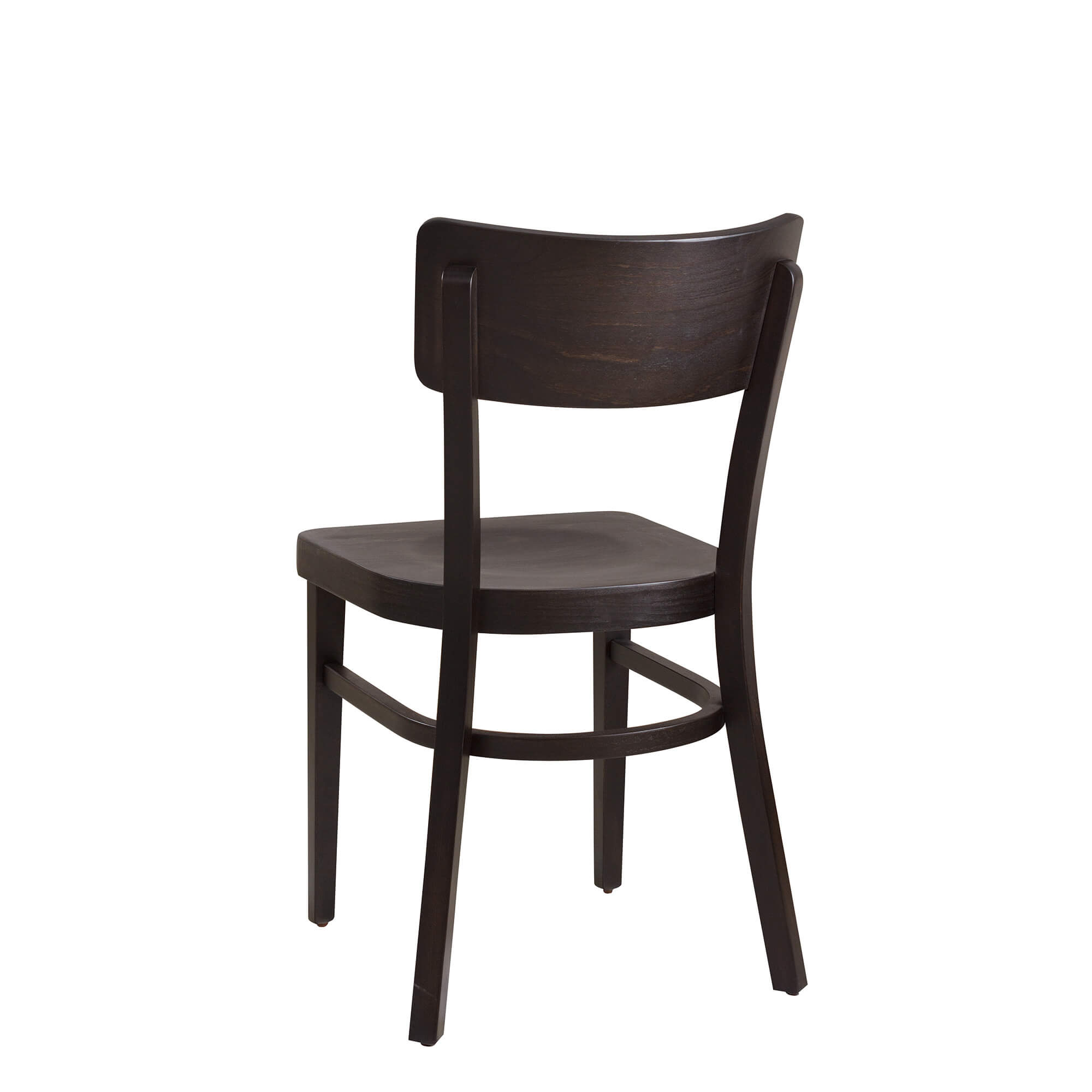 Holzstuhl Lugona, Rückansicht: gebogene Rückenlehne, stabile Zargen und Querstreben, dunkelbraune Beize für Gastronomie.