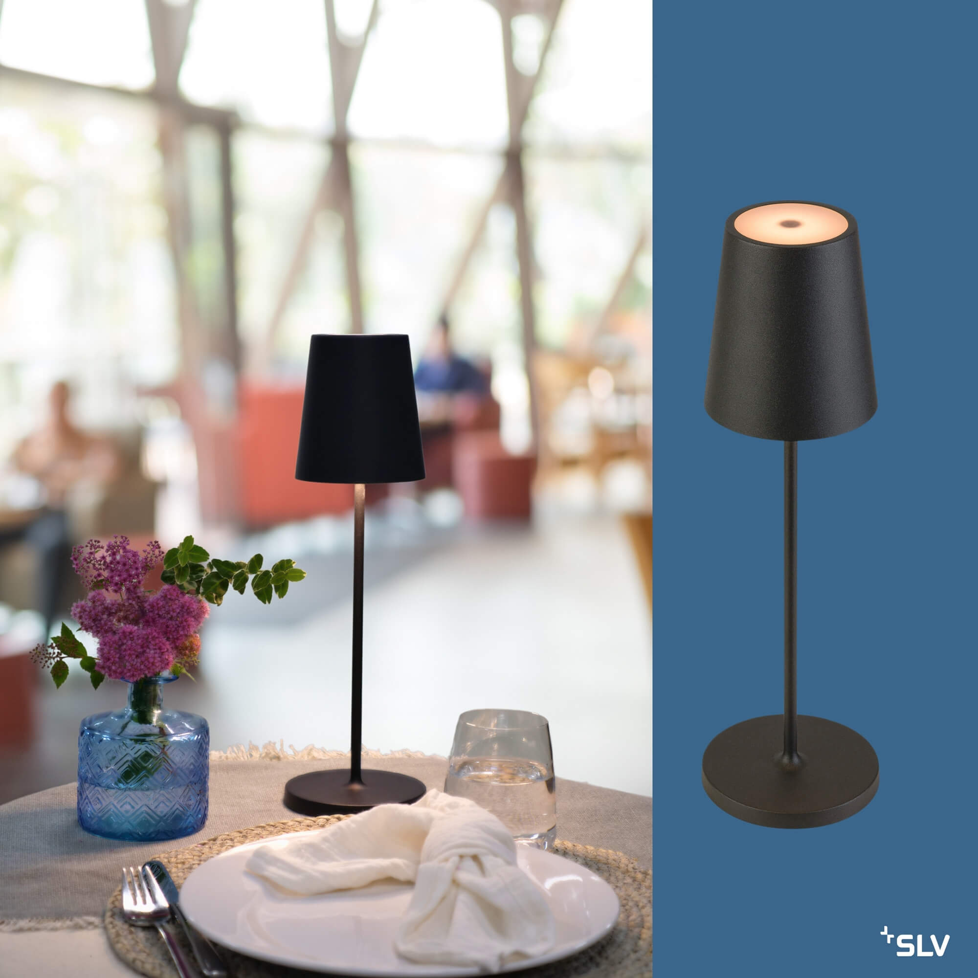 Outdoorlampe Vinolina Two Schwarz für Gastronomie und Außenbereich Outdoorlampe Vinolina Two Schwarz auf gedecktem Tisch im Restaurant