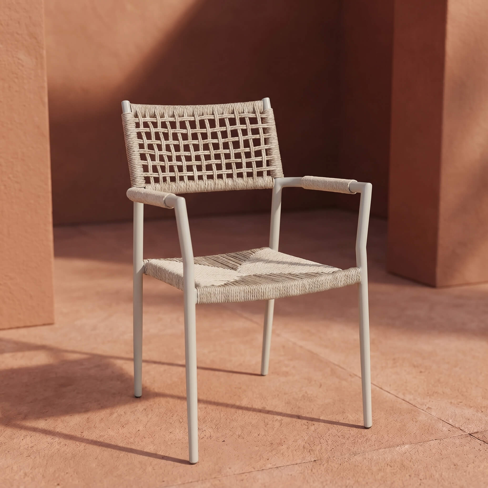 Outdoorstuhl Armlehnenstuhl Sisson Cream für moderne Gastro-Terrassen Outdoorstuhl Armlehnenstuhl Sisson Cream mit geflochtener Sitz- und Rückenfläche auf heller Außenterrasse