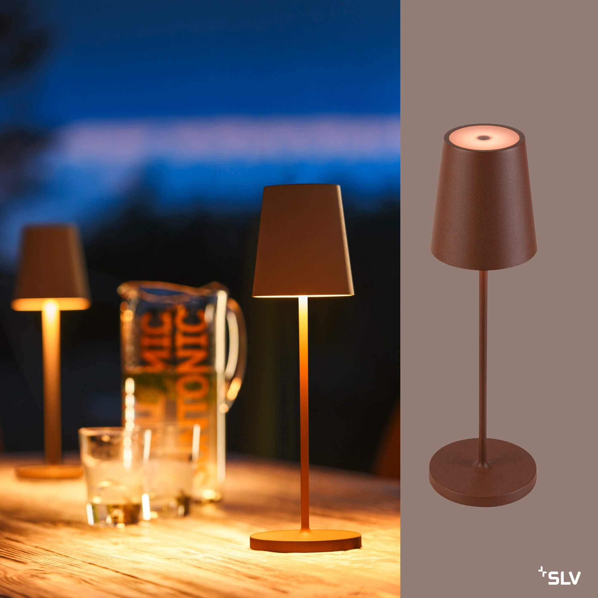 Outdoorlampe Vinolina Two Rost für Terrasse und Außenbereich Outdoorlampe Vinolina Two Rost auf beleuchtetem Terrassentisch am Abend