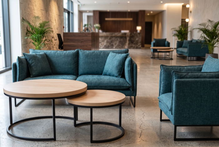 Runde Beistelltische vor blauem Loungesofa