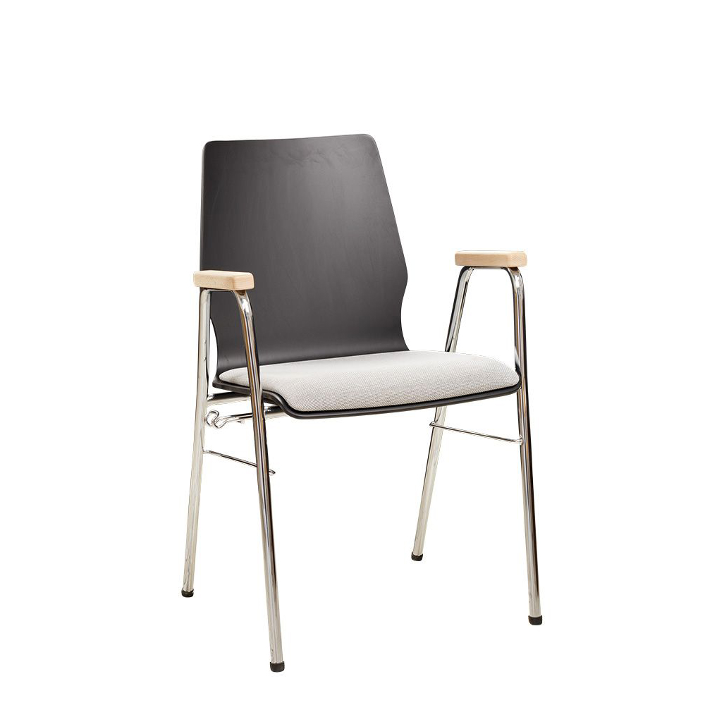 Konferenzstuhl Eruno-210-A50 mit Polstersitz, Holzlehne, Armlehnen und verchromtem Gestell Frontansichtr
