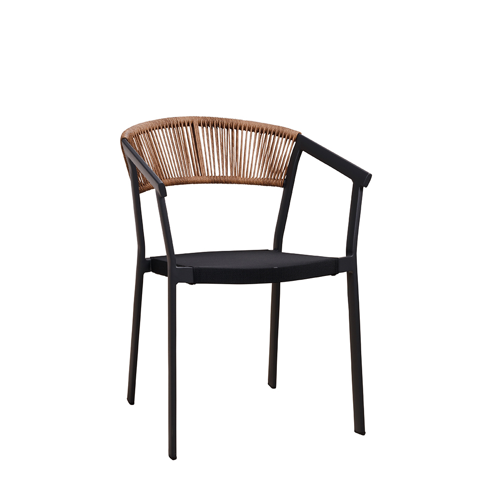 Gastronomie-outdoor-stuhl-Sponto_vorne_1000px Sponto Natur Terrassenstuhl mit grauem Alugestell, Kunststoff-Geflecht & Textilen-Rückenlehne