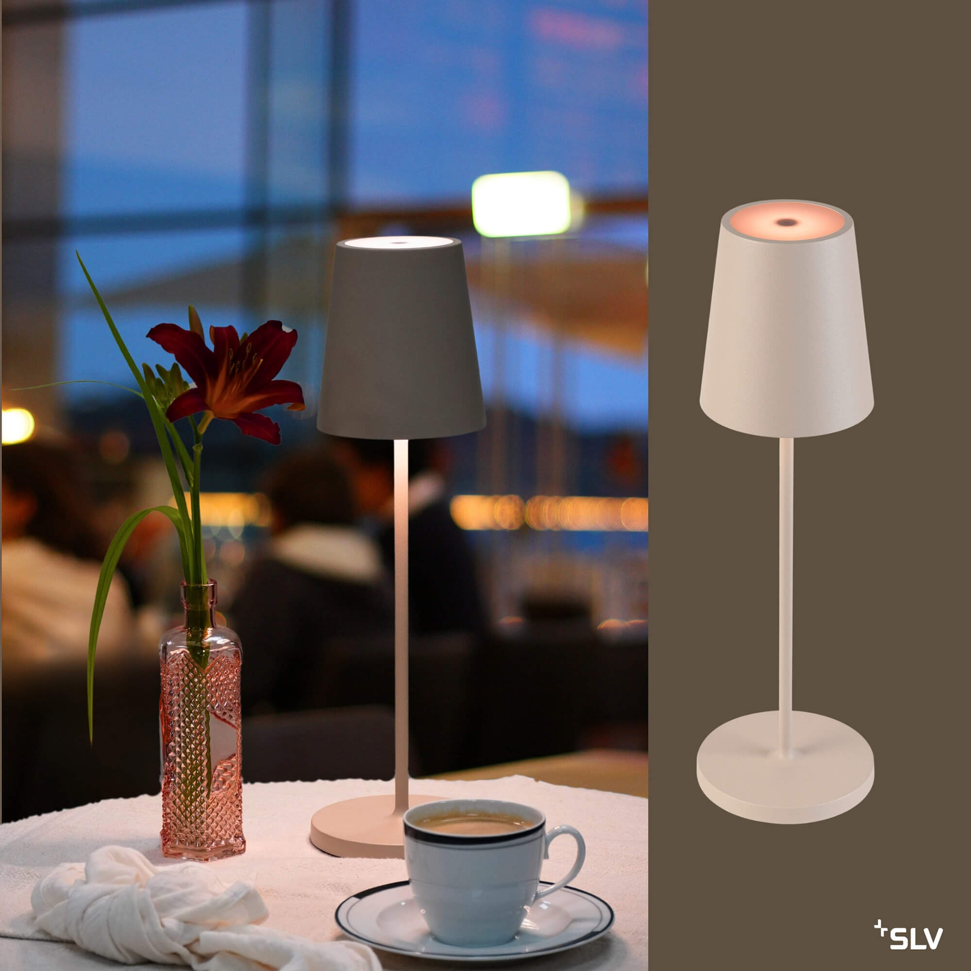 outdoorlampe für stilvolle Tischbeleuchtung im Außenbereich outdoorlampe in modernem Design auf gedecktem Tisch neben Vase mit roter Blume und Kaffeetasse in stimmungsvoller Abendatmosphäre