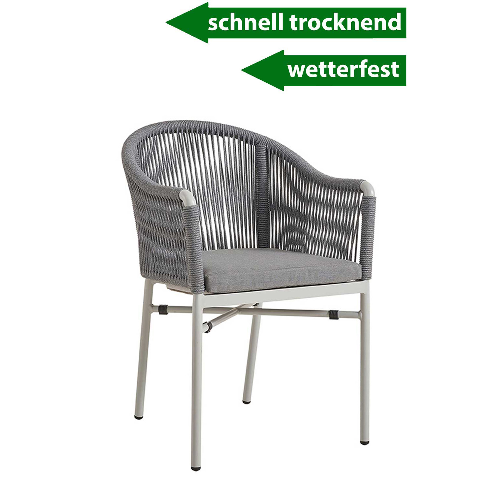 Gastronomie_Terrassenstuhl_Ramila-RR-light-grey_vorne-Pfeile_1000px Ramila-RR Light Grey Terrassenstuhl mit beigem Aluminiumgestell und Textilen-Rücken, stapelbar und wetterfest für Gastronomie