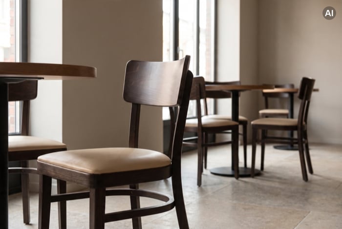 Holzstuhl mit Polstersitz an Restauranttisch