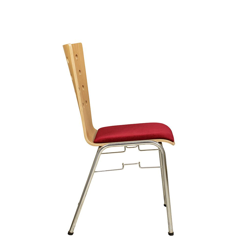 Konferenzstuhl Eruno-510 mit rotem Sitzpolster, verchromtem Metallgestell, stapelbar Beizton: Buche natur | Bezug: Princess 140 Seitenansicht