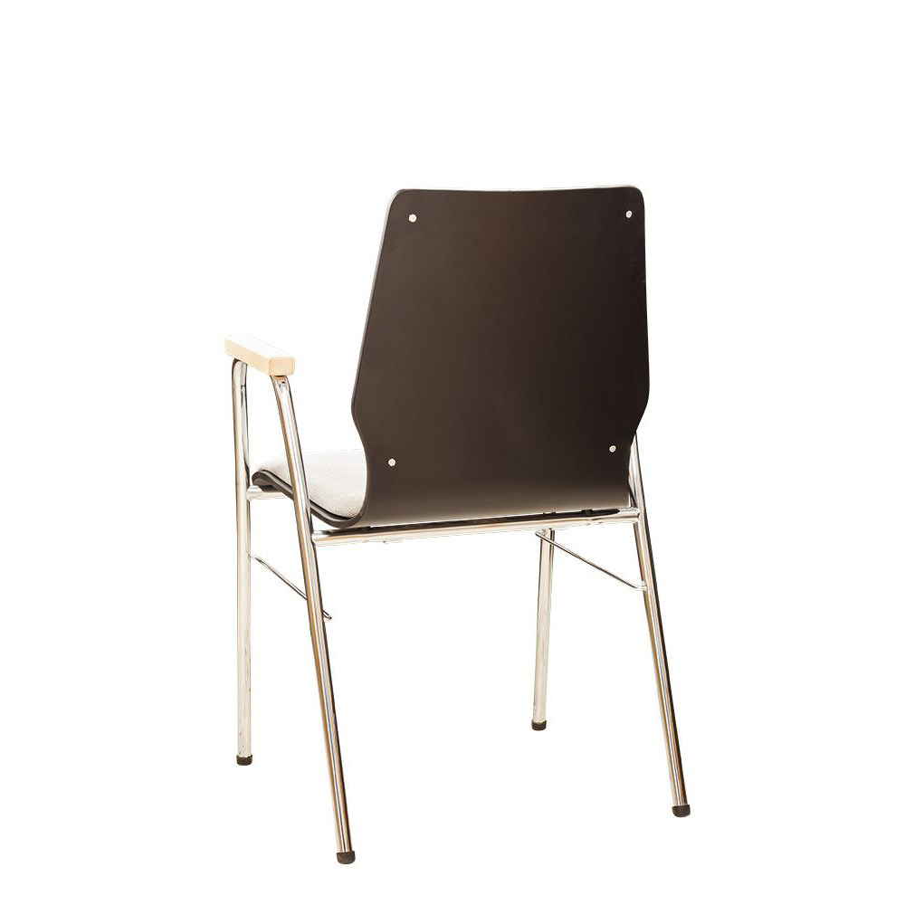 Konferenzstuhl Eruno-220-A50 mit Sitz- und Rückenpolster, Holzlehne, Armlehnen und verchromtem Gestell Rückansicht