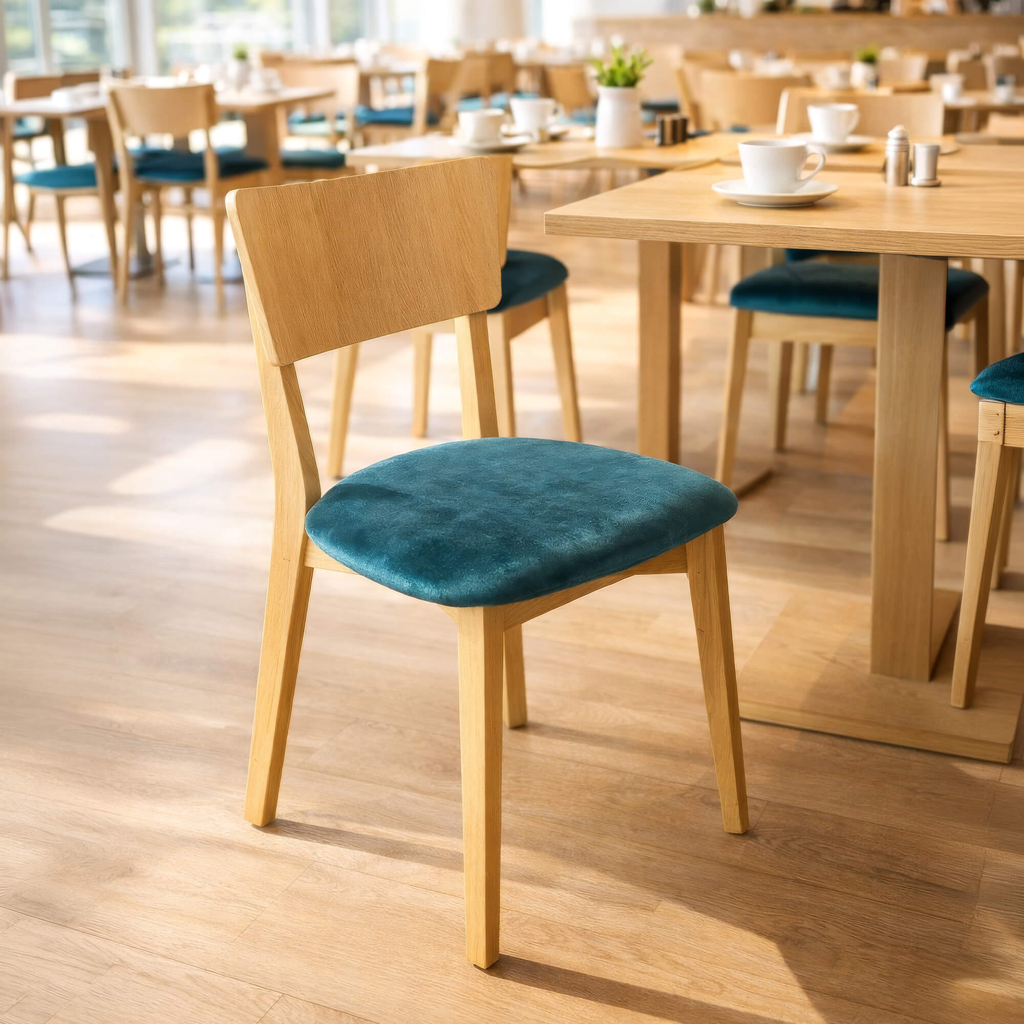 Gastronomie Holzstuhl Dimoni P Eiche mit blau gepolsterter Sitzfläche in hellem Café-Ambiente