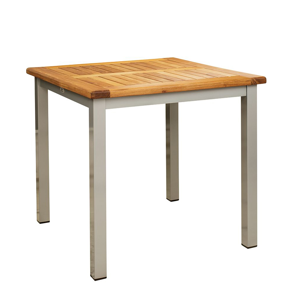 Lexo-Silber-80x80cm_TP_Teak_vorne_1000px Outdoortischgestell Lexo 80x80 aus Aluminium in Silber – wetterfestes Gastrogestell für Außenbereiche