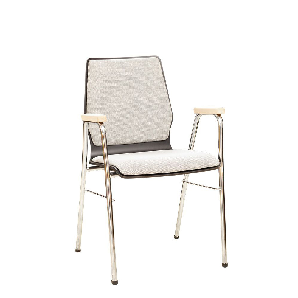 Konferenzstuhl Eruno-220-A50 mit Sitz- und Rückenpolster, Holzlehne, Armlehnen und verchromtem Gestell Frontansicht