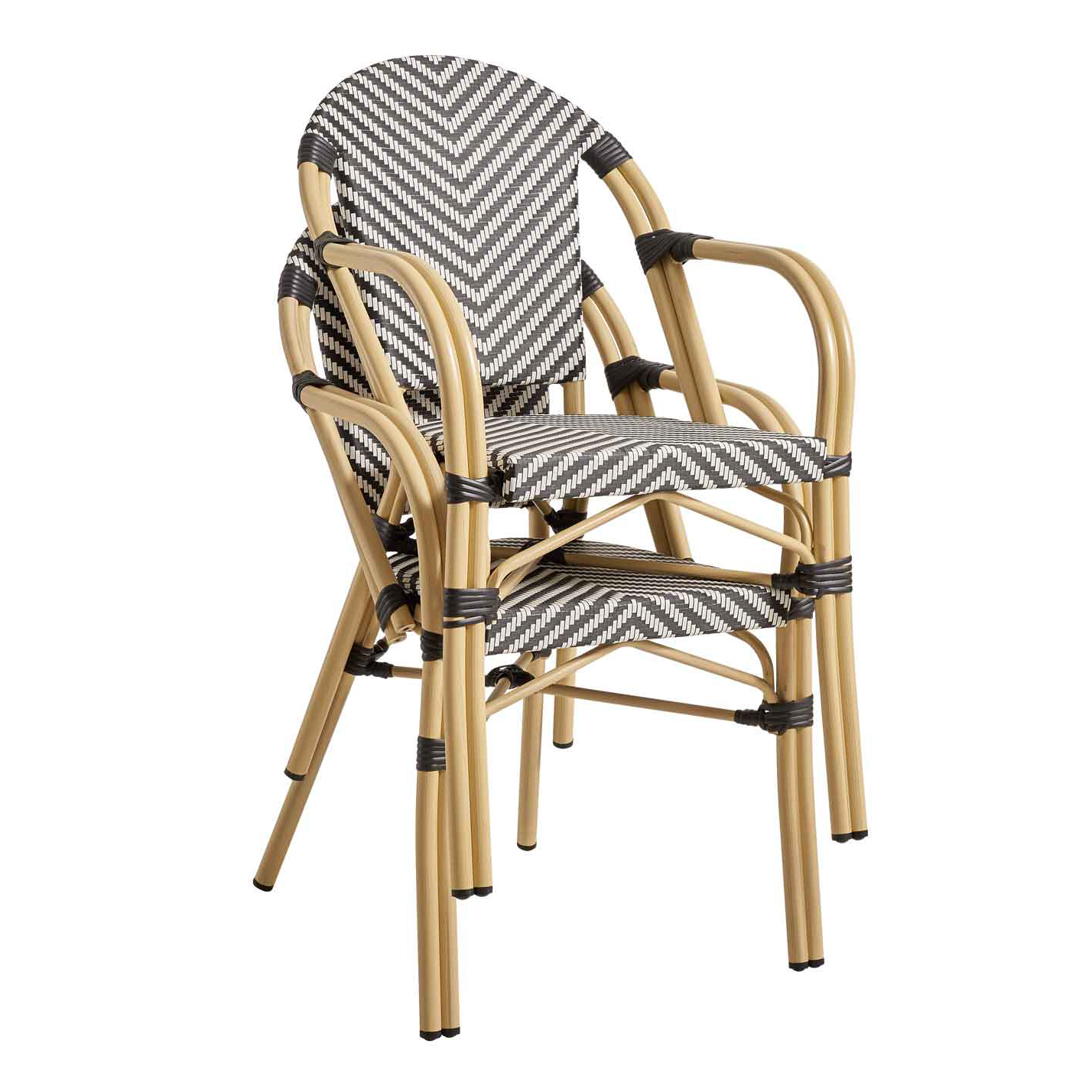gastro_terrassenstühle_zypern_arm_black_white_stapel Zypern Arm Black White Outdoorstuhl stapelbar mit Armlehnen und Flechtmuster – Stapelansicht