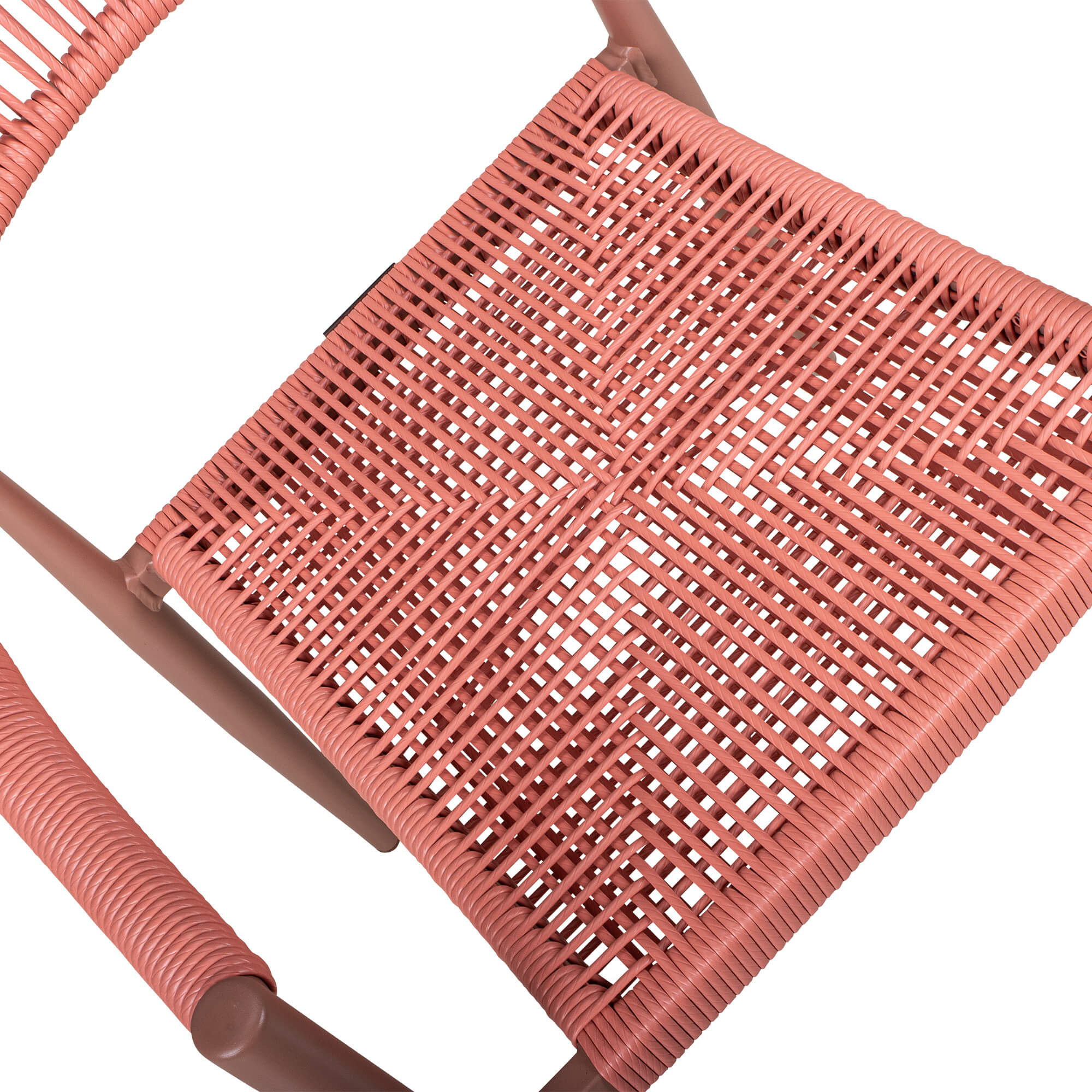 terrassenstuehle_gastronomie_Spidano_X_Coral_Coral_ Spidano-X Coral-Coral Outdoorstuhl mit Rücken- und Armlehne mit Korallfarbenen Flechtmuster- Detailansicht Flechtmuster Sitzfläche