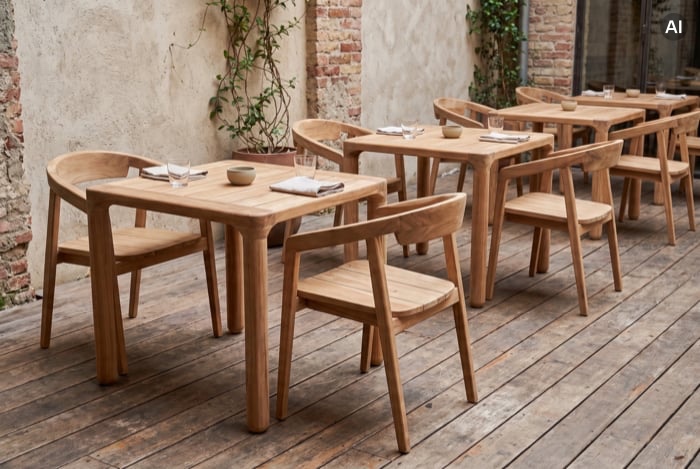 Holzmöbel auf einer Restaurantterrasse